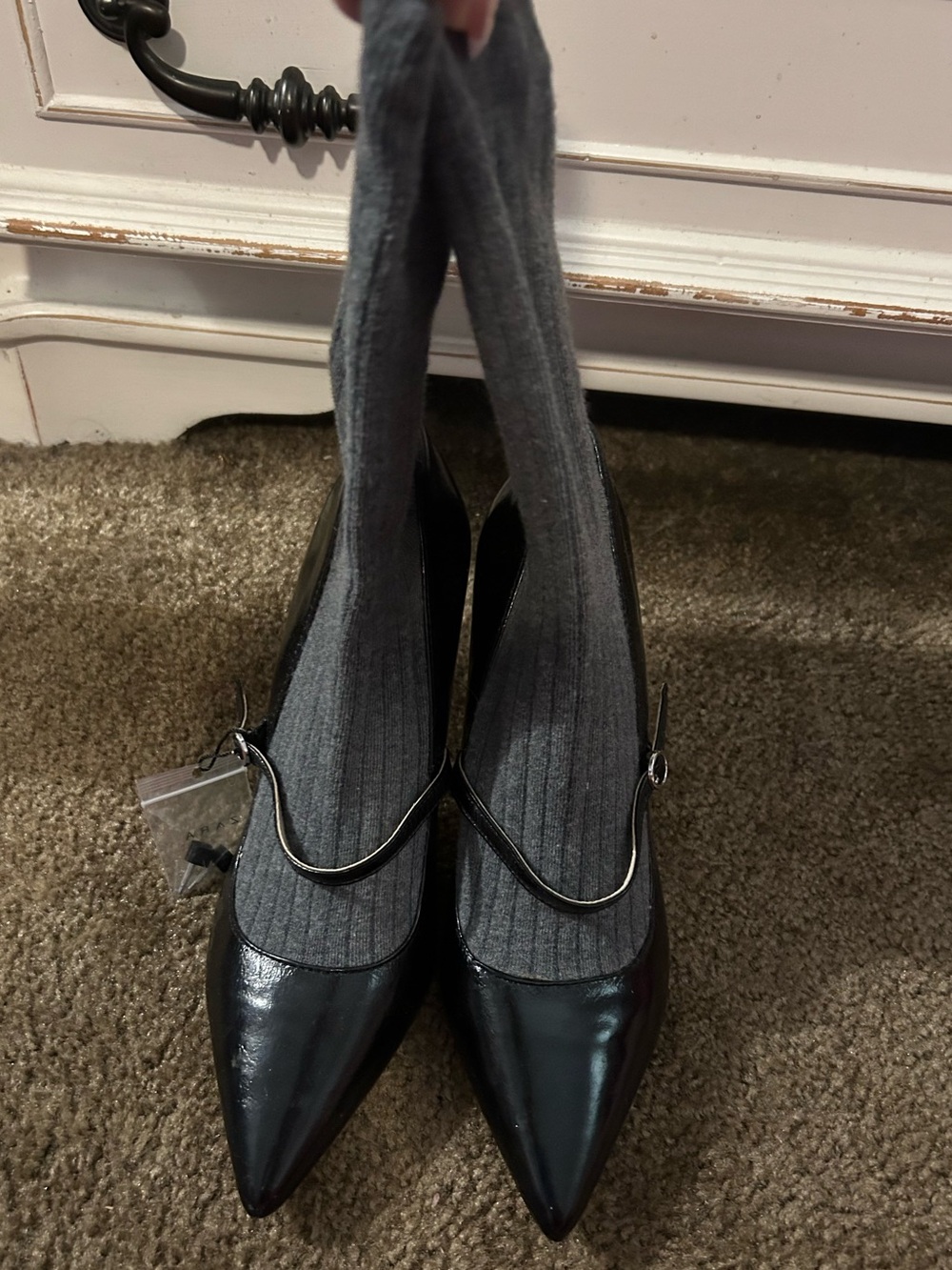 Zara Black Patent Pointed Mary Jane Pumps with Slim Strap